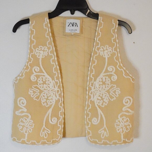 Zara, Kids Floral Embroidered Open Front Gauze Vest, Cream, White - Picture 2 of 5